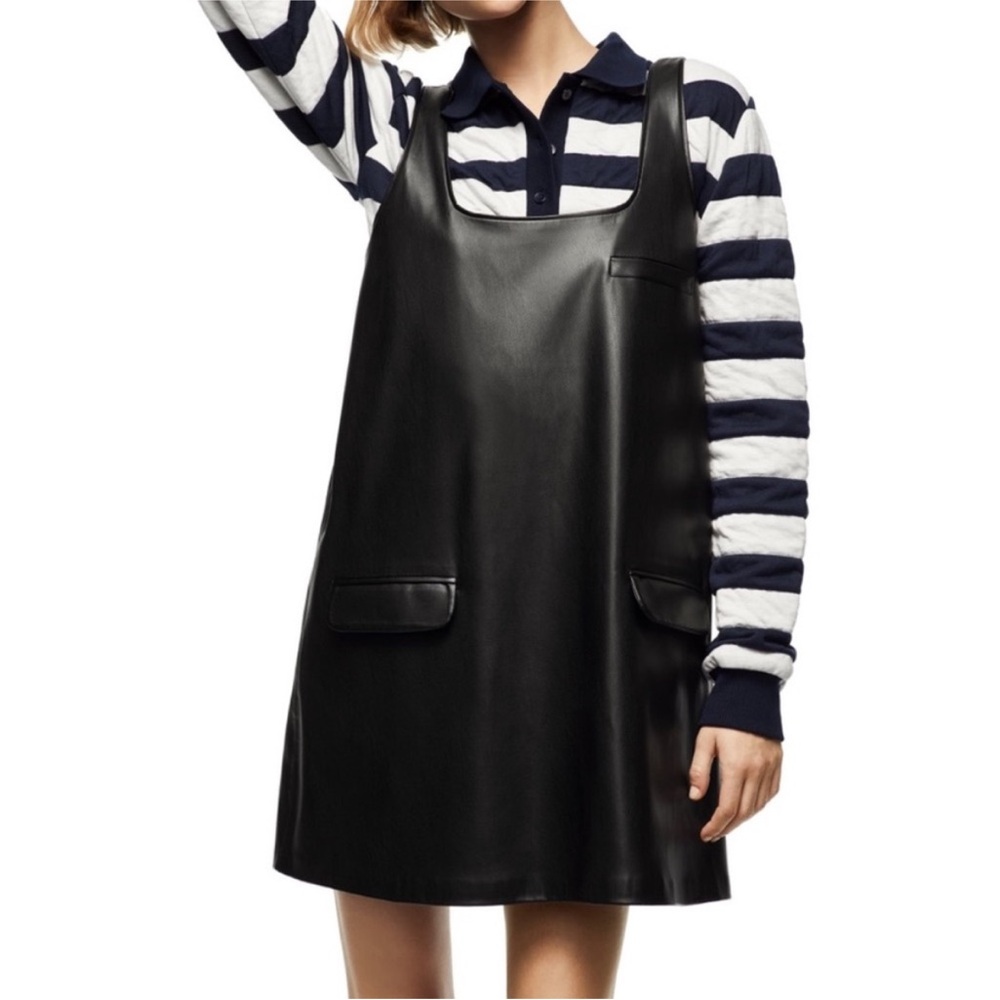 Zara Black Faux Leather Pinafore Dress | Medium